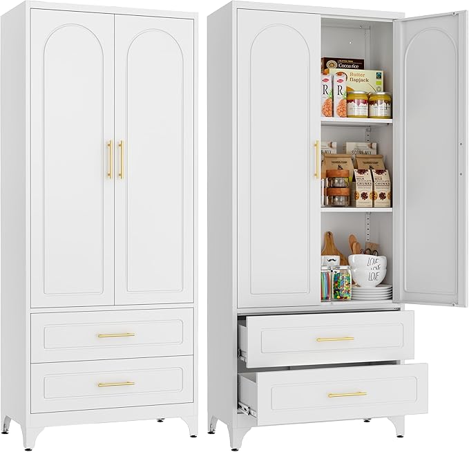 75" Kitchen Pantry Cabinet,Metal Storage Cabinets with 2 Drawers,Pantry Cabinet with Doors and Shelves,White Tall Storage Cupboard for Living Room, Dining Room Office