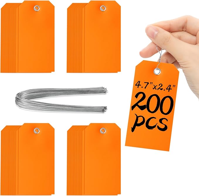 200 Pieces 4 3/4" x 2 3/8" Waterproof Shipping Tags with Wires Blank Tags with String Attached Plastic with Reinforced Hanging for Repair Marking Auto Parts Luggage Garage Inventory(Orange)