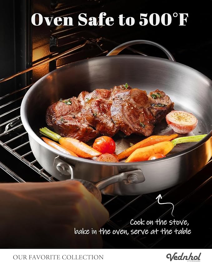 Stainless Steel Saute Pan with Stainless Steel Lid 6-Quart,12-Inch Deep Skillet,Dishwasher&Oven Safe,Induction&All Stove Compatible,Brushed Finish