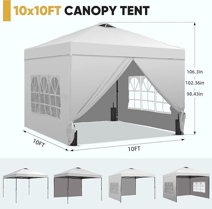 Saemoza 10x10 Pop Up Canopy Tent with One Push Setup, Portable Sun Shade Tent, Instant Easy Up Canopy with 4-Sidewalls & Handbag, Outdoor Fldable Gazebo with Vent Top, White.