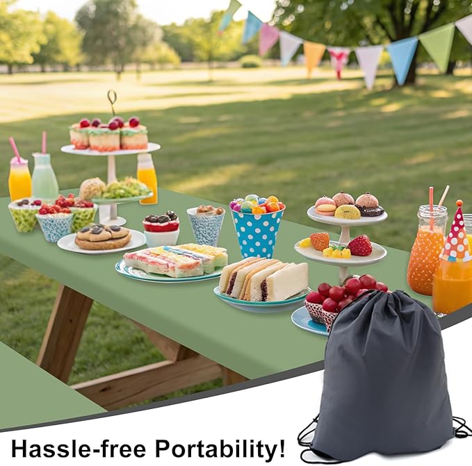 Smiry Picnic Table Cover with Bench Covers, Waterproof Elastic Fitted Polyester Tablecloths for 8 Ft Rectangle Tables, Washable Windproof Tablecloth for Outdoor, Camping (Sage Green, 30x96 Inches)
