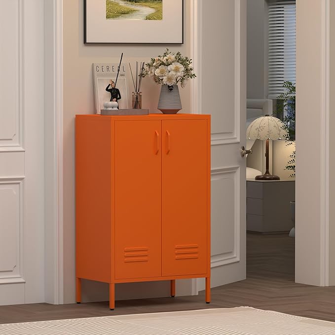 Metal Locker Cabinet,Morden Storage Cabinet with 2 Adjustable Shelves,Metal Storage Cabinets with 2 Doors for Home Office.Entryway,Orange