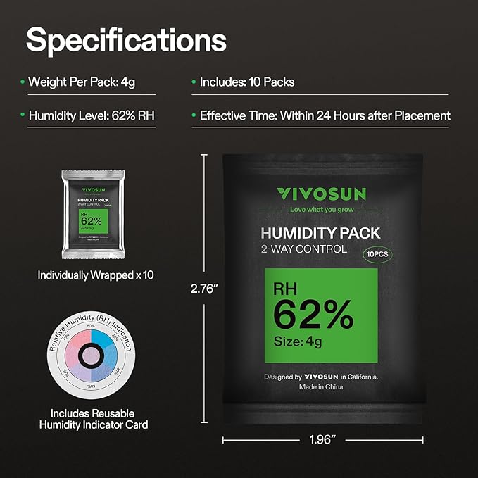 VIVOSUN 62% RH Two-Way Humidity Control Packs, Size 4 g, 10 Packs for Storing 1/2 oz, Moisture Balancer with RH Indicator Card for Food & Herb Storage