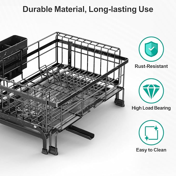 Swedecor Extendable Dish Drying Rack - Compact Dish Rack for Kitchen Counter, Over-The-Sink Dish Strainer with High Enclosed Fence, 360° Swivel Drain Spout, Rustproof, 10"–18.9" L × 15.6" W, Black