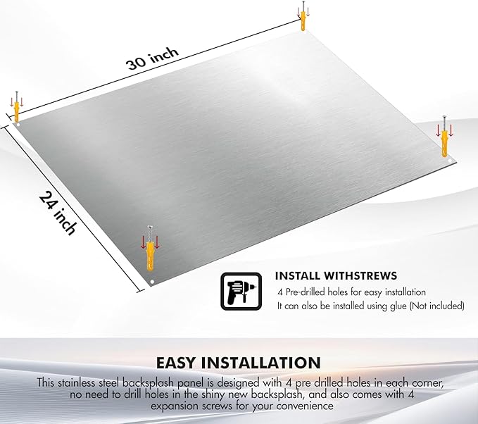 Micmi 24" x 30" Stainless Steel Backsplash for Stove, Reversible Flat Metal Guard Range Hood Wall Shield for Kitchen, Easy Clean and Installation with Four Pre Drilled Holes