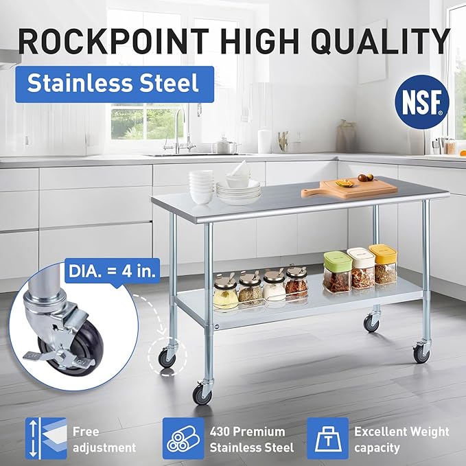 ROCKPOINT Stainless Steel Table for Prep & Work with Caster Wheels 18x24 Inches, NSF Metal Commercial Kitchen Heavy Duty Table with Adjustable Under Shelf and Table Foot for Restaurant, Home and Hotel