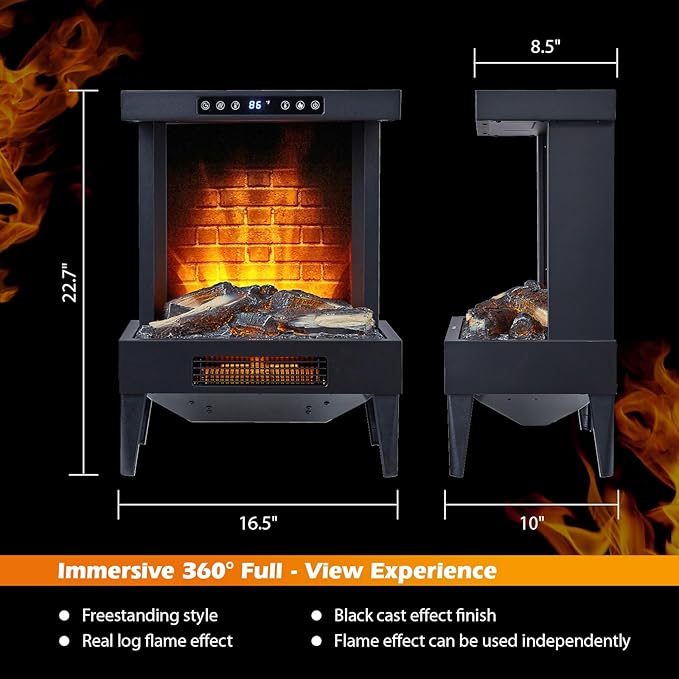Freestanding Electric Fireplace Stove with Remote & Touch Control, 1500W Heater with Adjustable Timer & Thermostat 95°F, Realistic 3D Flame, 8-Hour Timer, Independent Flame,Overheat Protection