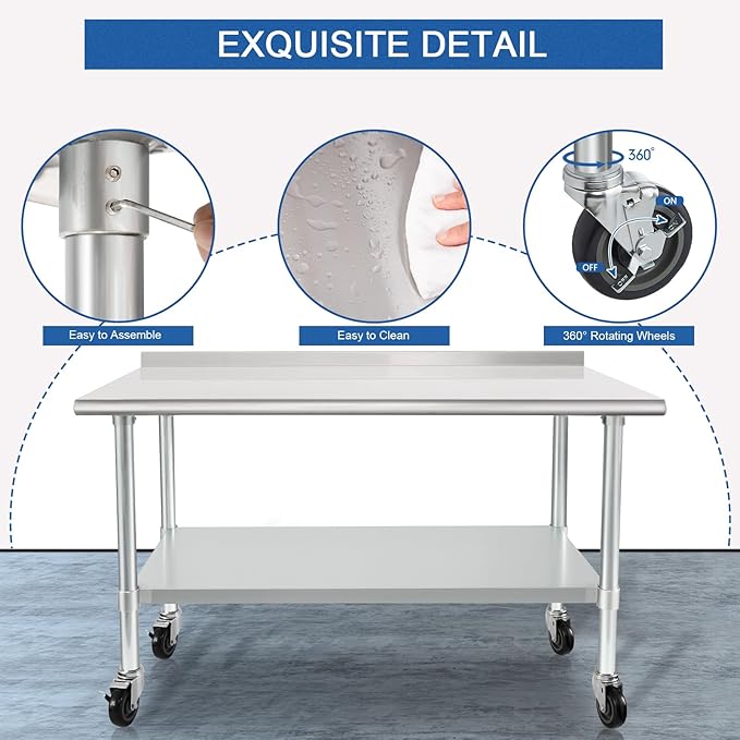 HARDURA Stainless Steel Table 24 x 48 Inches with Wheels Casters NSF Heavy Duty Commercial Prep Table with 2” Backsplash and Adjustable Undershelf for Restaurant Kitchen Home and Hotel