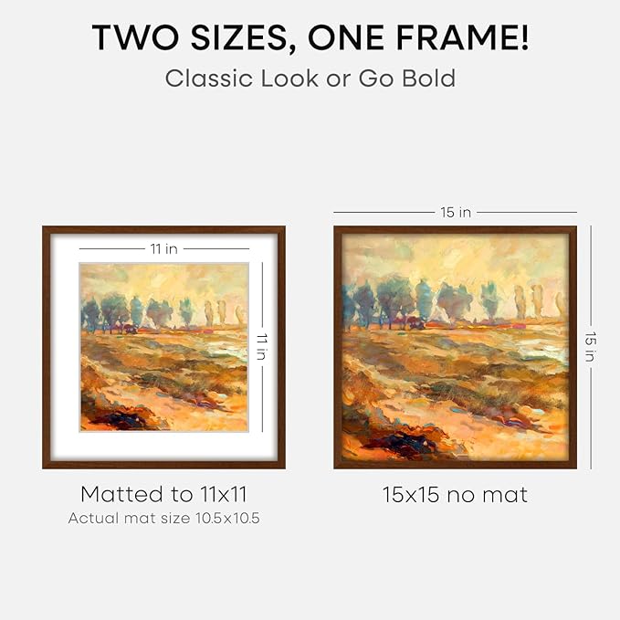 Homeforia 15x15 Picture Frame Brown, High End Dark Oak 15 x 15 Square Wood Frame with Mat 11 x 11 for Photo, 15by15 Wooden Walnut Poster Frame Matted to 11x11 Print, Tempered Glass, Wall Kit, Set of 2