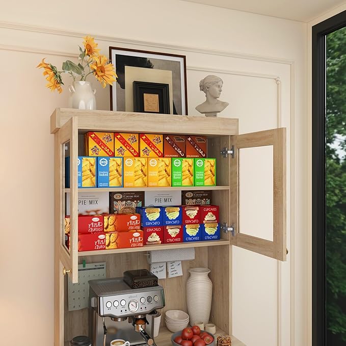71" Tall Farmhouse Kitchen Pantry, Large Storage Cabinet with Glass Doors, Freestanding Coffee Bar Hutch with Microwave Stand, Adjustable Shelves for Kitchen, Living Room, Brown 3 Pcs