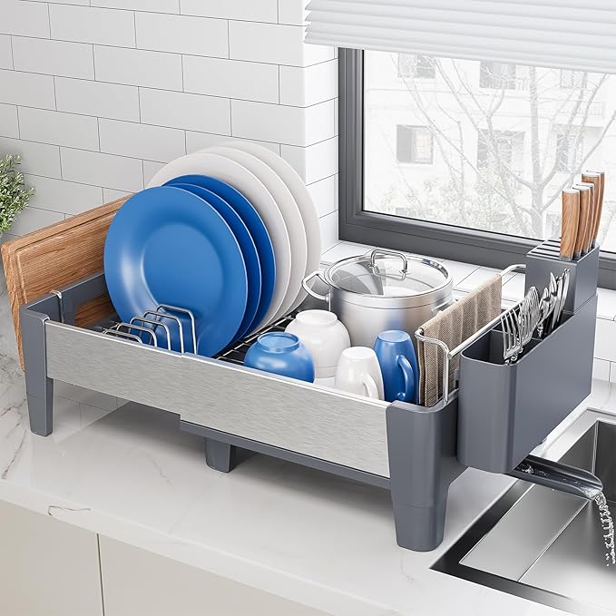 Expandable Dish Drying Rack, Stainless Steel Dish Rack with Aluminum Frame, Dish Drainer for Kitchen Counter, Space Saving Kitchen Drying Rack with Movable Utensil Holder,Gray