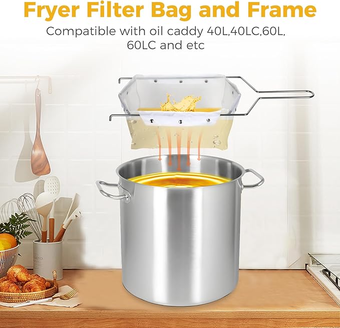 Fryer Filter Bag & Frame, Filter Bag Easy to Clean with Hot Water, Can Be Reused 1000 Times, Suitable for 70 lb Polishing Oil, Used for Household and Commercial Purposes