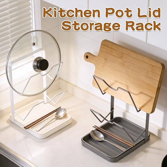 Kitchen Pot Lid Storage Rack, Pot Lid Holder With Tray, Lid Holder While Cooking, Lid And Spoon Rest, Multifunctional Kitchen Organizer Stand (White)