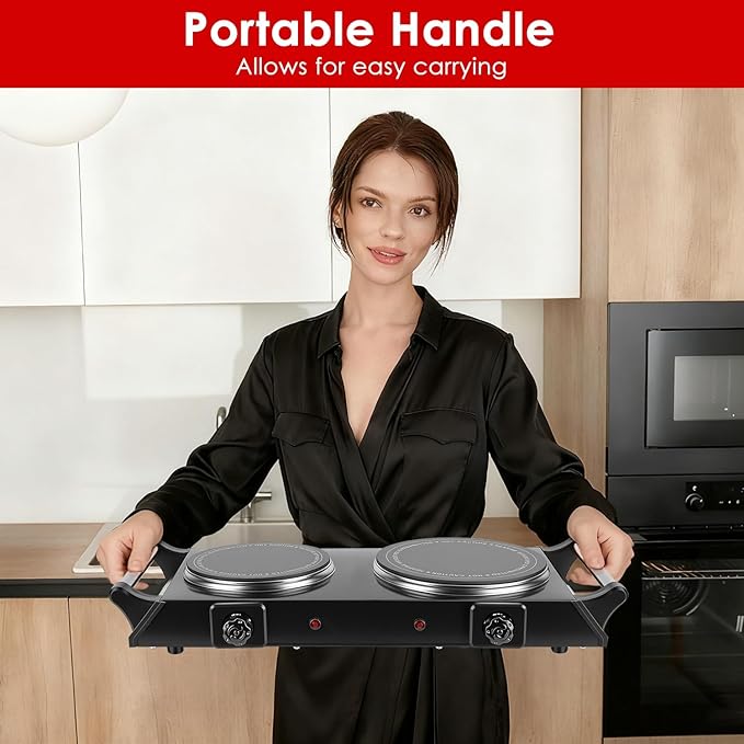 1800W Electric Double Burner, Portable Electric Stove, Hot Plate Countertop with Adjustable Temperature & Stay Cool Handles for RV Camping Home Dorm