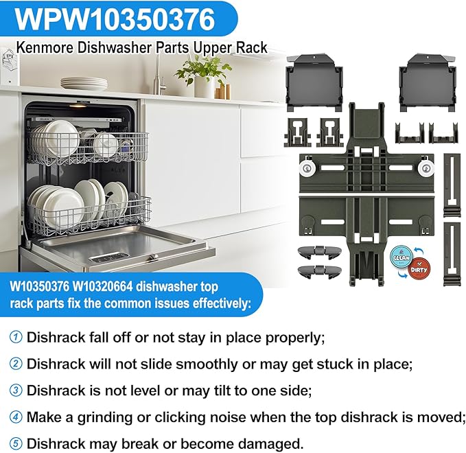 Upgraded W10350376 Dishwasher Upper Rack Adjuster & W10195372 W10195373 Dishrack Adjuster Housing for Kenmore/Whirlpool Dishwasher Parts Top Rack W10350374,W10195840,W10712394 Top Rack Parts,12Packs