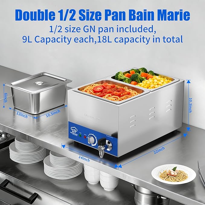 2-Pan Commercial Food Warmer with Non-Leakage Stretch-Forming Water Tank &2 of 1/2 Size GN Pan,Countertop Soup Station Bain Marie with Drain Tap for Buffet,Catering,Parties and Restaurants