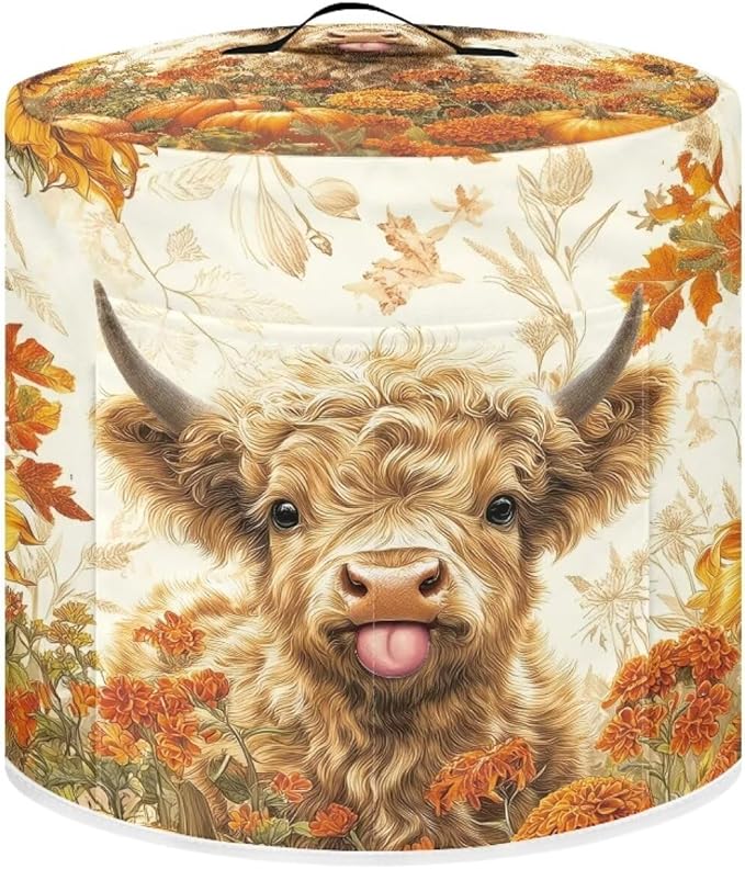 NEITLGEN Maple Leaf Highland Cow Kitchen Appliance Dust Cover Universal Size 6 Quart Pressure Cooker/Air Fryer/Rice Cooker Cover with Top Handle and Storage Pocket Thanksgiving Day Decor