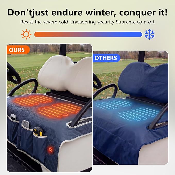 Heated Golf Cart Seat Covers, Golf Cart Heater USB, USB Interface Power Supply, Universal 2-Person Winter Seat Cover, 3-Level Heating for Yamaha EZGO Club Car, Golf Cart Seat Covers, Navy Blue