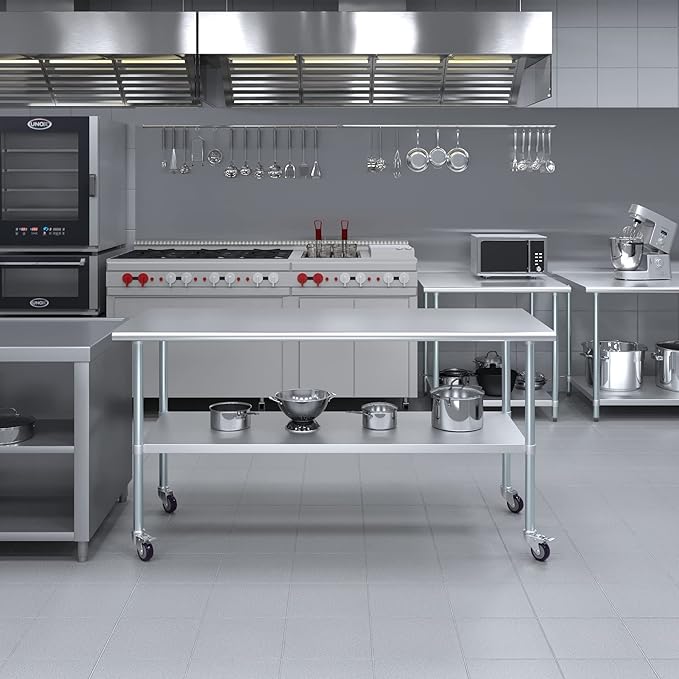 AmGood 72" Long x 30" Deep Stainless Steel Table with Casters