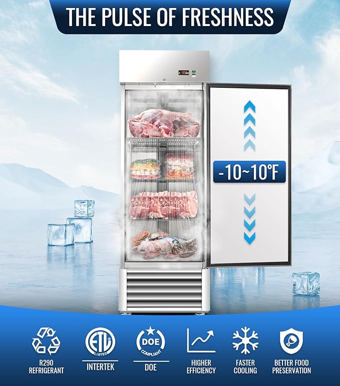 27" W Commercial Freezer, ETL Certified 23.6 Cu.ft Stainless Steel Reach-in Upright Freezer,Auto Defrost,Fan Cooling,Digital Temperature Control (-10°F - 10°F) Used to Restaurant,Bar,Shop