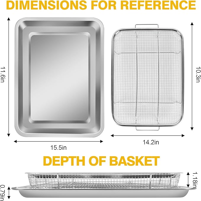 Air Fryer Basket for Oven 15 x 11 Inch Stainless Steel, Air Fryer Accessories Oven Rack and Crisper Tray, Bacon Cooker Broiler pan for oven, Bakeware Sets Oven Rack-2 Piece Large