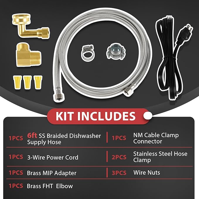 (10 Kit) Efield Dishwasher Installation Kit, 6 FT Stainless Steel Supply Hose, 3/8" X 3/8" Compression Adapter, 3-Wire 6” Power Cord with Tap,(HOSE149-10PCS)