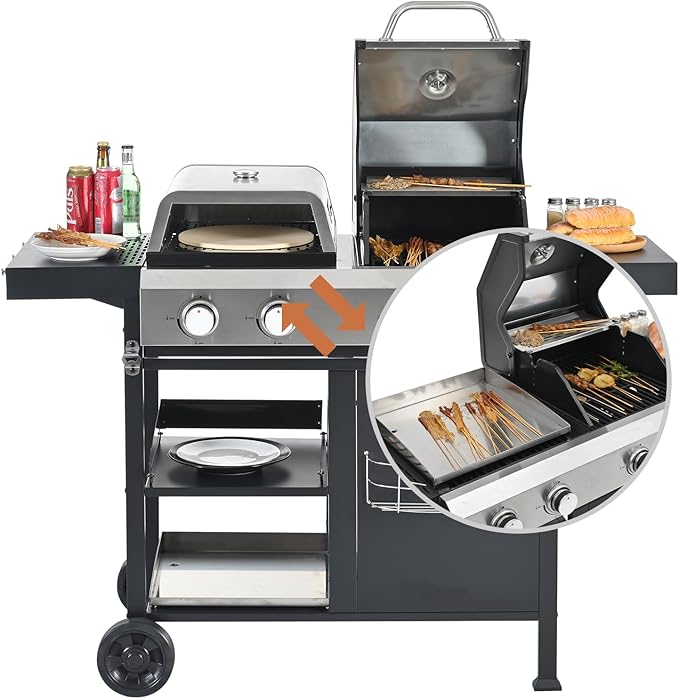 Endark 49,200 BTU 4-Burner Multi-Function Stainless Steel BBQ Grill - For Outdoor Cooking, Patio Backyard Barbecue, Camping - Griddle Combo for BBQ,FRYING and PIZZA