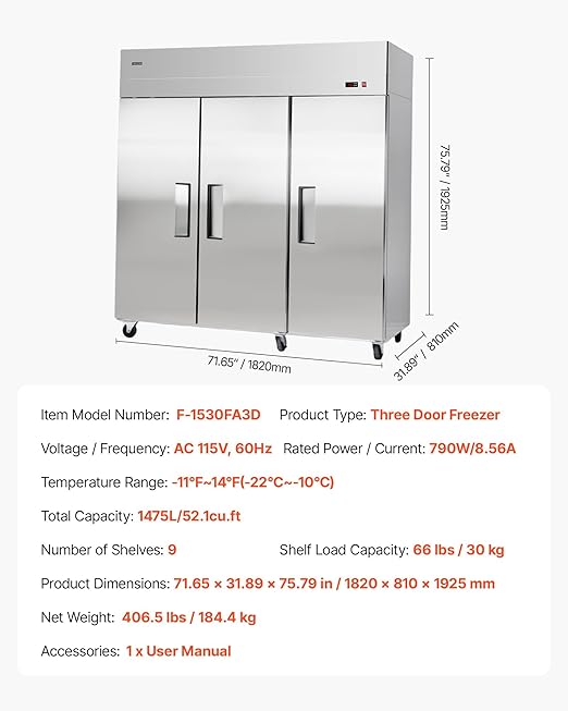 VEVOR Commercial Reach-In Freezer 72" W, 52 Cu.Ft Stainless Steel Upright Freezer with Three Doors, Auto-Defrost, 12 Adjustable Shelves, -11 to 14℉ Temp Control, UL Certified
