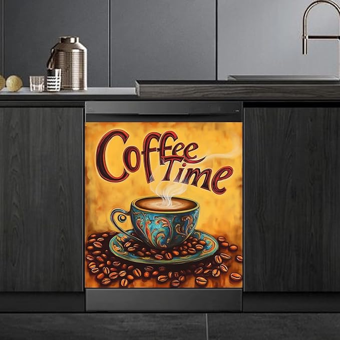 Retro Coffee Time Dishwasher Magnet Cover,Vintage-Style Coffee Beans Magnetic Dishwasher Cover Vinyl Sticker,Fridge Door Cover Magnets Art Skin Panel Decal,Home Decor Decal,23"X26"