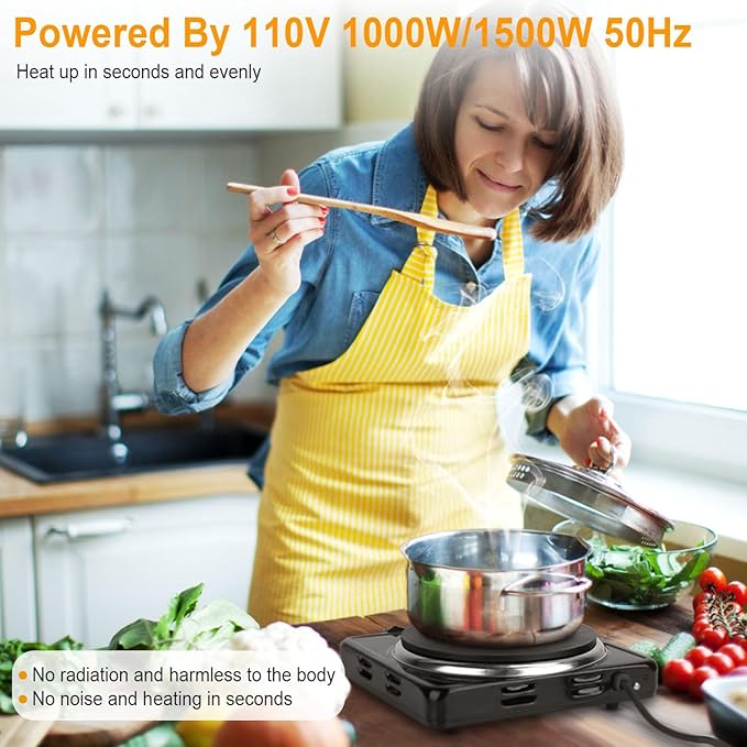 Portable Hot Plate, 1500W Cast Iron Single Countertop Burner, Electric Stove with 5 Levels Adjustable Temperature, Cooktop for Home RV Camping, Easy to Clean, White