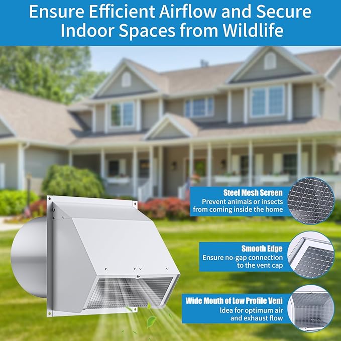 8 Inch Hooded Wall Vent with Screen and Damper,Wall Exhaust Vent Cover Cap,Dryer Vent Cover Outside,External Extractor Wall Vent Hood for House Kitchen Range Hood Air Ventilation White