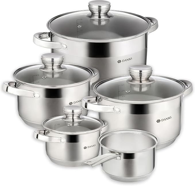 Daniks Standard 9-Piece Stainless Steel Cookware Set with Glass Lids, Includes Saucepan, Tri-Ply Bases for Even Heating, Induction Compatible, Dishwasher Safe, Built-In Measuring Scale, Silver