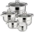 Daniks Standard 9-Piece Stainless Steel Cookware Set with Glass Lids, Includes Saucepan, Tri-Ply Bases for Even Heating, Induction Compatible, Dishwasher Safe, Built-In Measuring Scale, Silver