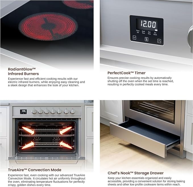 Rangaire RRE361TS 36" Electric Range Oven with Timer - Stainless Steel, Infrared Stove Burners, True Convection, Easy Reach Racks