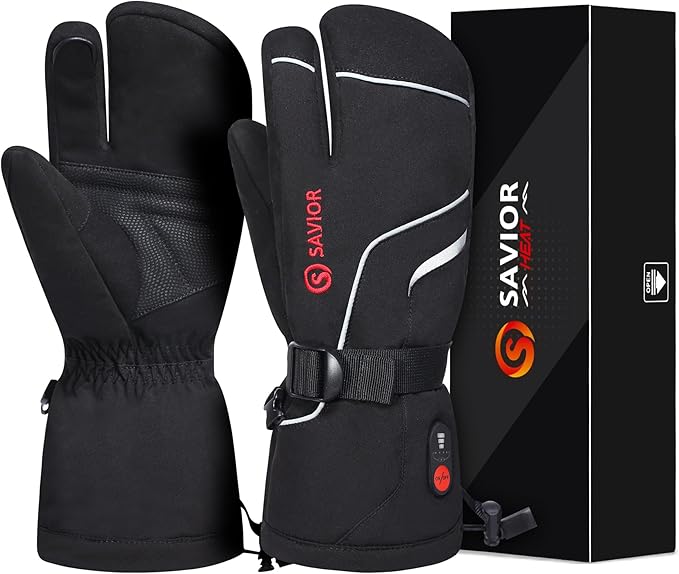 Heated Mittens Battery Gloves Men Women, SAVIOR HEAT Flexible Crab Finger Rechargeable Ski Mitten with 7.4V 2200mAh Battery for Winter Snow Skating Camping Hunting Hiking Motorcycle