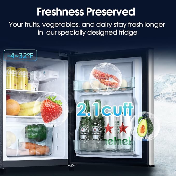 3.2 Cu.Ft Double Door Fridge with Freezer, 2 Door Portable Refrigerator for Bedroom, Office, Dorm and Apartment with 7 Temperature Control, LED Light, Adjustable Remove Glass Shelves, Silver