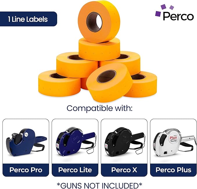 Perco 1 Line Fluorescent Orange Labels - 32 Rolls, 4 Sleeves, 32,000 Blank Price and Date Gun Labels for Perco Lite, X, Plus and Pro 1 Line Price and Date Guns - Made in USA