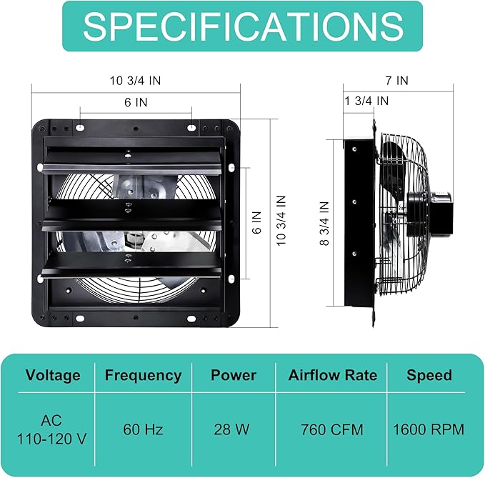 7 Inch Shutter Exhaust Fan for Greenhouse, Shed, Garage, Barn, Chicken Coop Ventilation, Wall Mount Attic Fan with Speed Controller and Power Cord, 760 CFM, Black