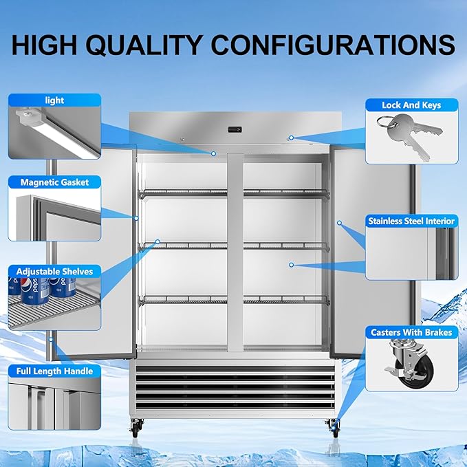 54" W Commercial Freezer, 46 Cu.ft Stainless Steel Reach-in Upright Freezer with 2 Solid Doors and 6 Adjustable Shelves for Restaurant, Commercial Kitchen, ETL Approved