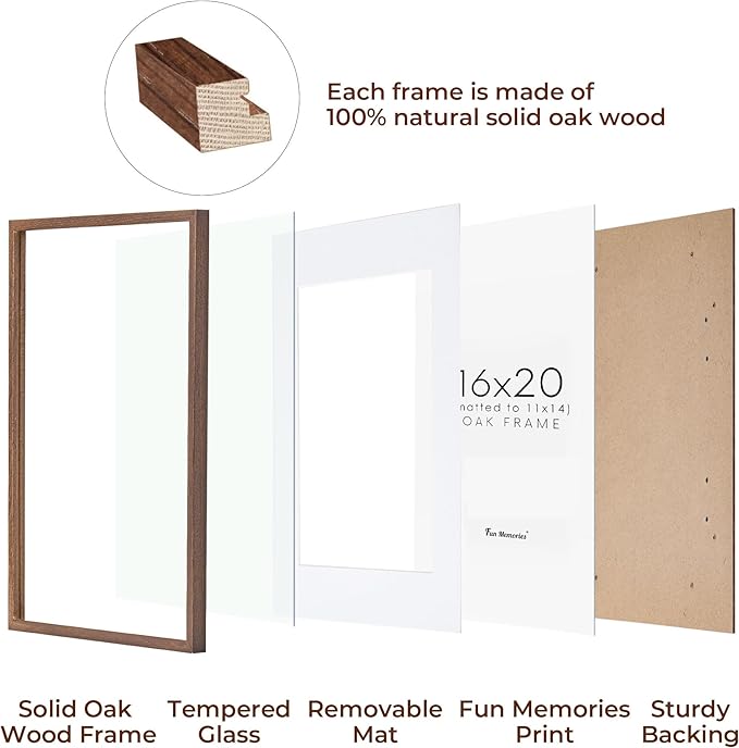 Fun Memories 16x20 Picture Frame for Wall, Real Oak Wood Frames 16 by 20, 16x20 Frame Matted to 11x14, Tempered Glass, 16 x 20 Wood Frame, 16"x20" Poster Frame, Walnut Color, 1 Pack