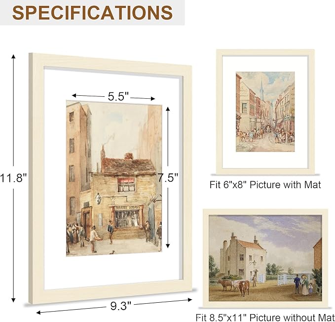 Vittanly 8.5x11 Picture Frame, Solid Wood Frame with Plexiglass, Includes 6x8 Mat, Wall Hanging or Tabletop for Photos, Home Decor, White, 1 Pack