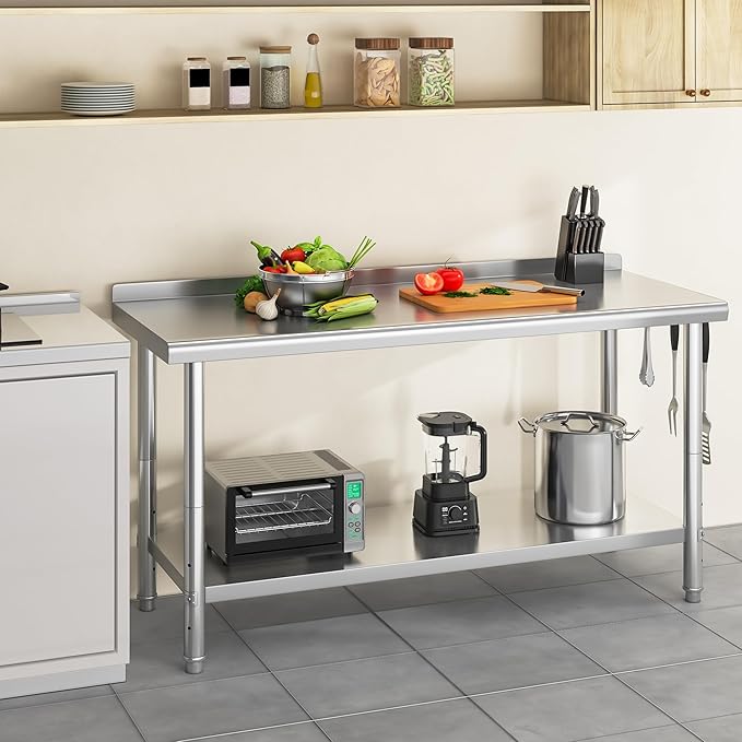 YITAHOME 60" x 24" Stainless Steel Table for Prep & Work with Backsplash, NSF Commercial Heavy Duty Table with Undershelf for Home Kitchen Restaurant Garage Warehouse