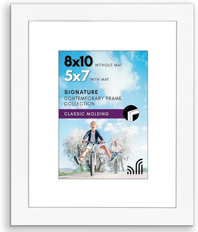 Americanflat 8x10 Picture Frame with Shatter-Resistant Glass - Use as 5x7 Frame with Mat or Display 8x10 Photo Without Mat - Signature Collection - Picture Frames for Tabletop and Wall Display - White