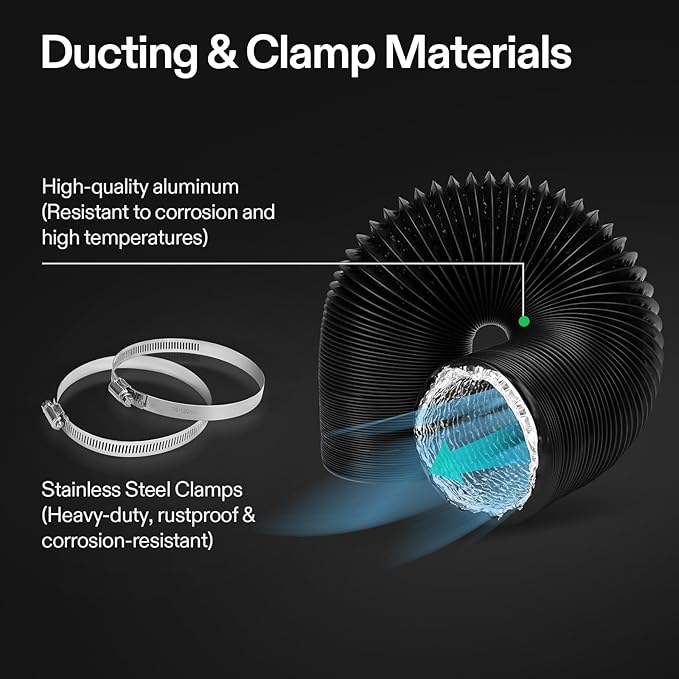VIVOSUN Dryer Vent Hose, 6 inch Aluminum Foil Ducting, 8FT Long Heavy-Duty Dryer Hose Vent Kit for HVAC Ventilation, Exhaust, Duct Fan Systems, Black Flexible Air Duct w/ 2 Clamps