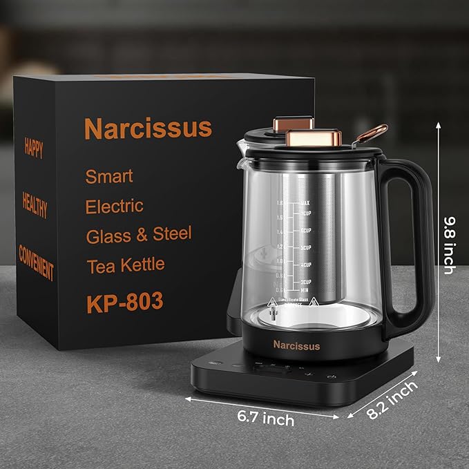 Narcissus Electric Kettle Temperature Control ±5℉, 1.8L Glass Electric Tea Kettle with Removable Infuser for Flowers & Fruit Tea, 1200W Fast Boiling, 6 Hours Keep Warming, Black