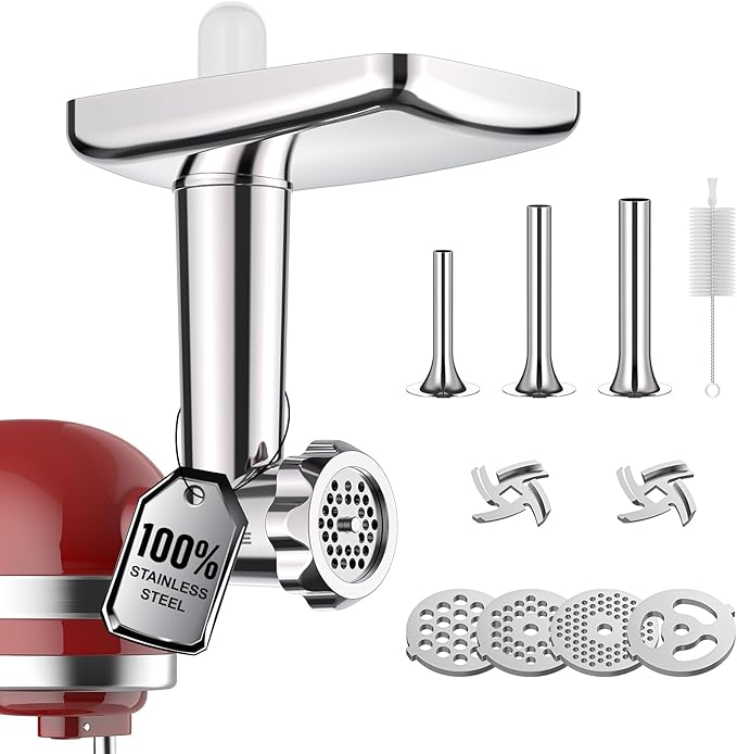 GVODE Stainless Steel Meat Grinder Attachment for KitchenAid Stand Mixer, Meat Grinder for KitchenAid Includes 4 Grinding Plates & 3 Sausage Tubes, Dishwasher-Safe Design with Sausage Stuffer Kit