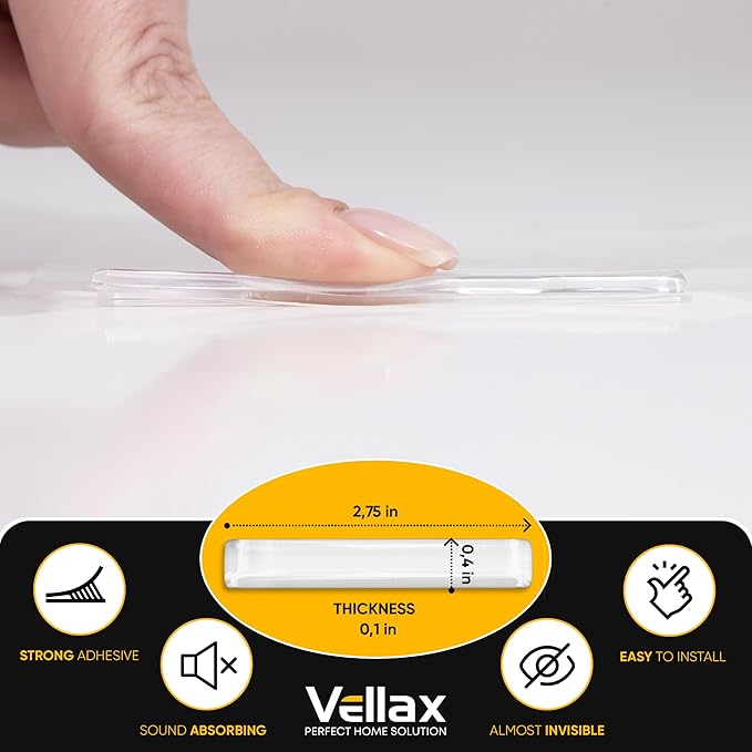 20 Clear Silicone Bumper Strips – 2.8" x 0.4" Anti-Slip Pads for Cabinets, Glass Table Tops, and Chairs – Wall Protector & Soft-Close Noise Dampening Pads by Vellax