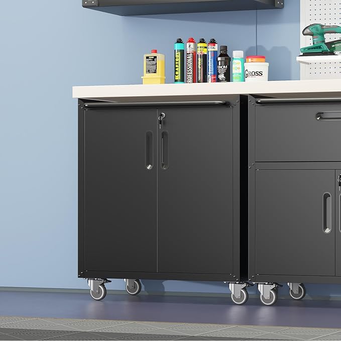 Black Metal Storage Cabinet for Garage with Wheels Rolling Tool Cabinets with Adjustale Shelves Heavy Duty Rolling Tool Cart with Lock for Warehouse Garage Basement Kitchen, Assembly Required