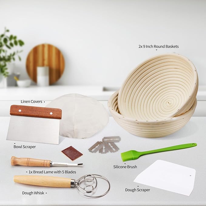 Banneton Proofing Basket for Sourdough Bread, Handmade & Natural Rattan - Round Dough Rising Basket for Baking - Perfect for Artisan Breads (Round of 2 Gift Set)