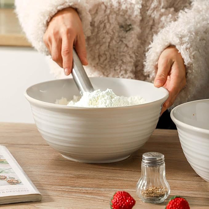 Serving Bowls Set of 2, 9 Inch Large Ceramic Mixing Bowls for Kitchen, Perfect for Salad Pasta Soup Pho Popcorn Baking Cooking, Ideal for Daily Meals Party Dinner Entertaining, Arctic White